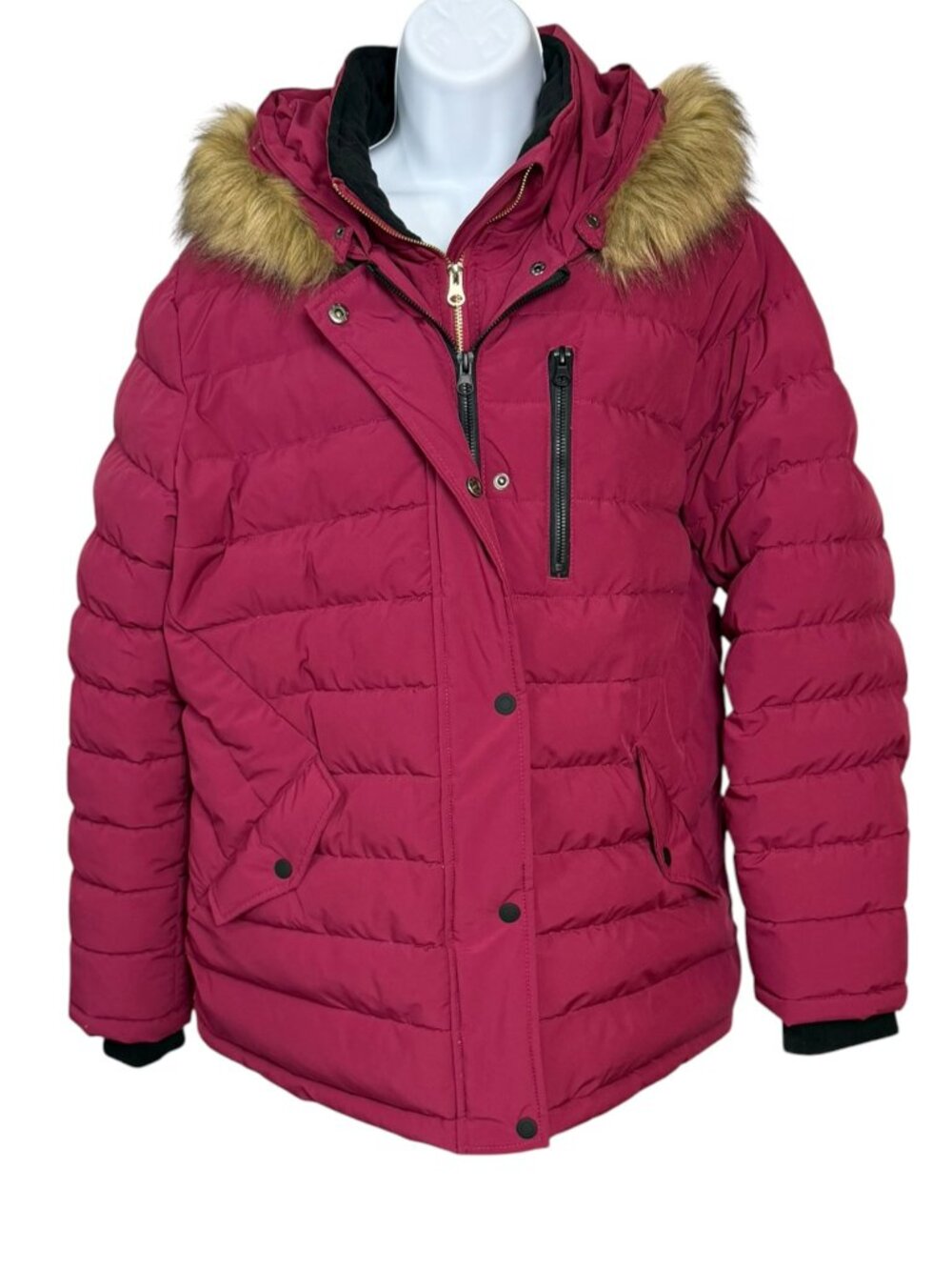 SwissTech Raspberry Puffer Winter Coat Faux Fur Hood Women’s L 12-14